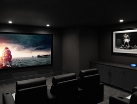 Custom home theater in Bridgehampton, NY. Dragonfly screen, Sony projector, Salamander tiered seating.