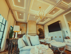 Ketra downlights, Proluxe cove lighting, HomeWorks controls, Lutron shades, James speakers, future TV lift.