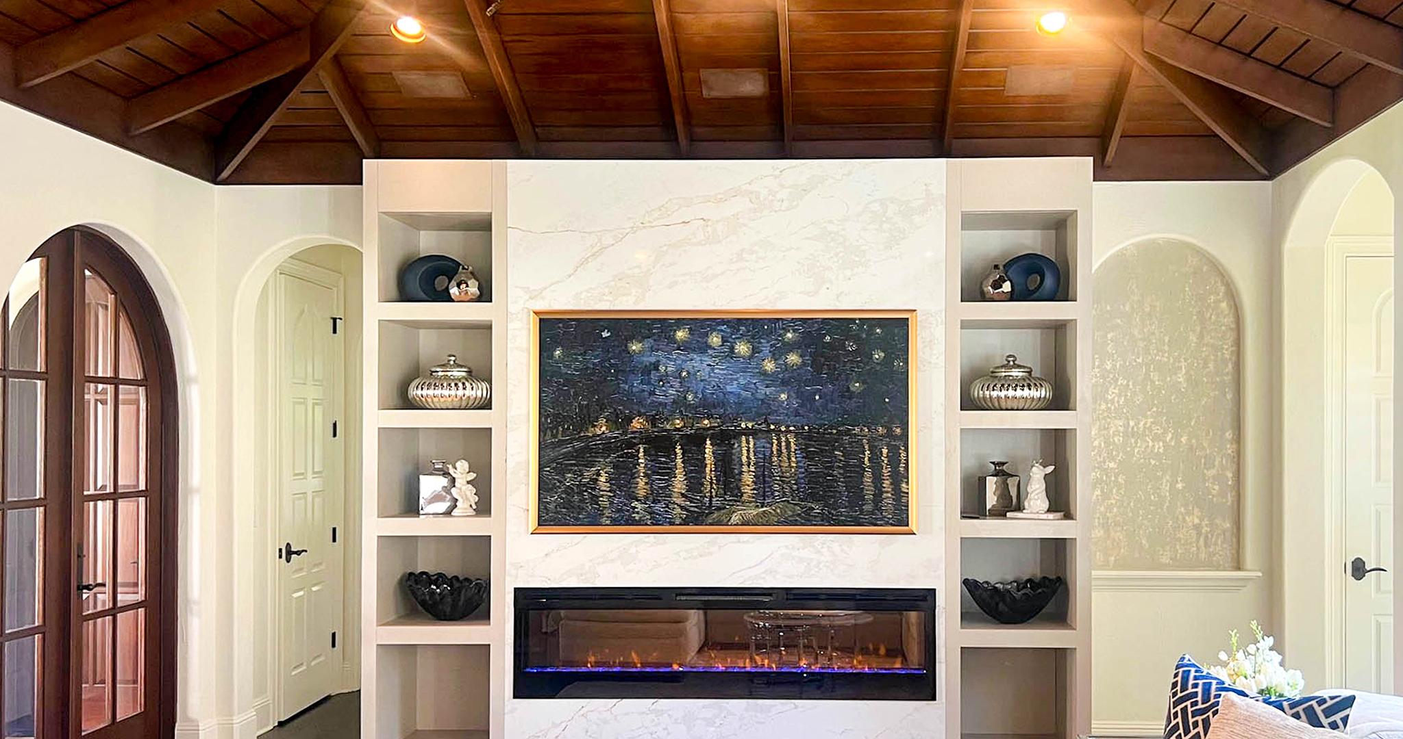 Audio Visual Integration, Inc. Frame TV in art mode, speakers custom color matched to woodwork, Control4 lighting control and automation.