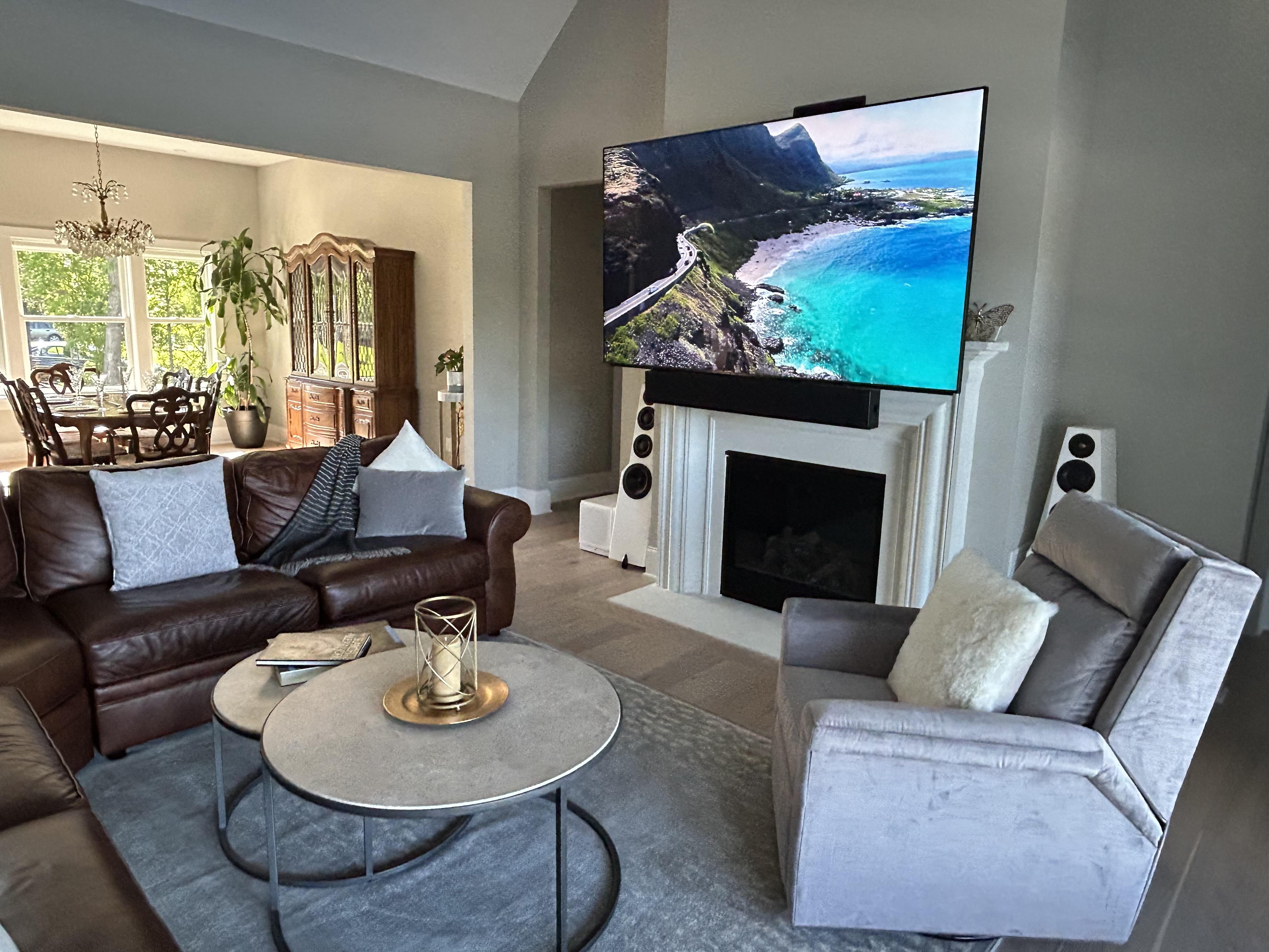 Hippo's Sony TV, Future Automation mount, Totem speakers, powered by Crestron Home.