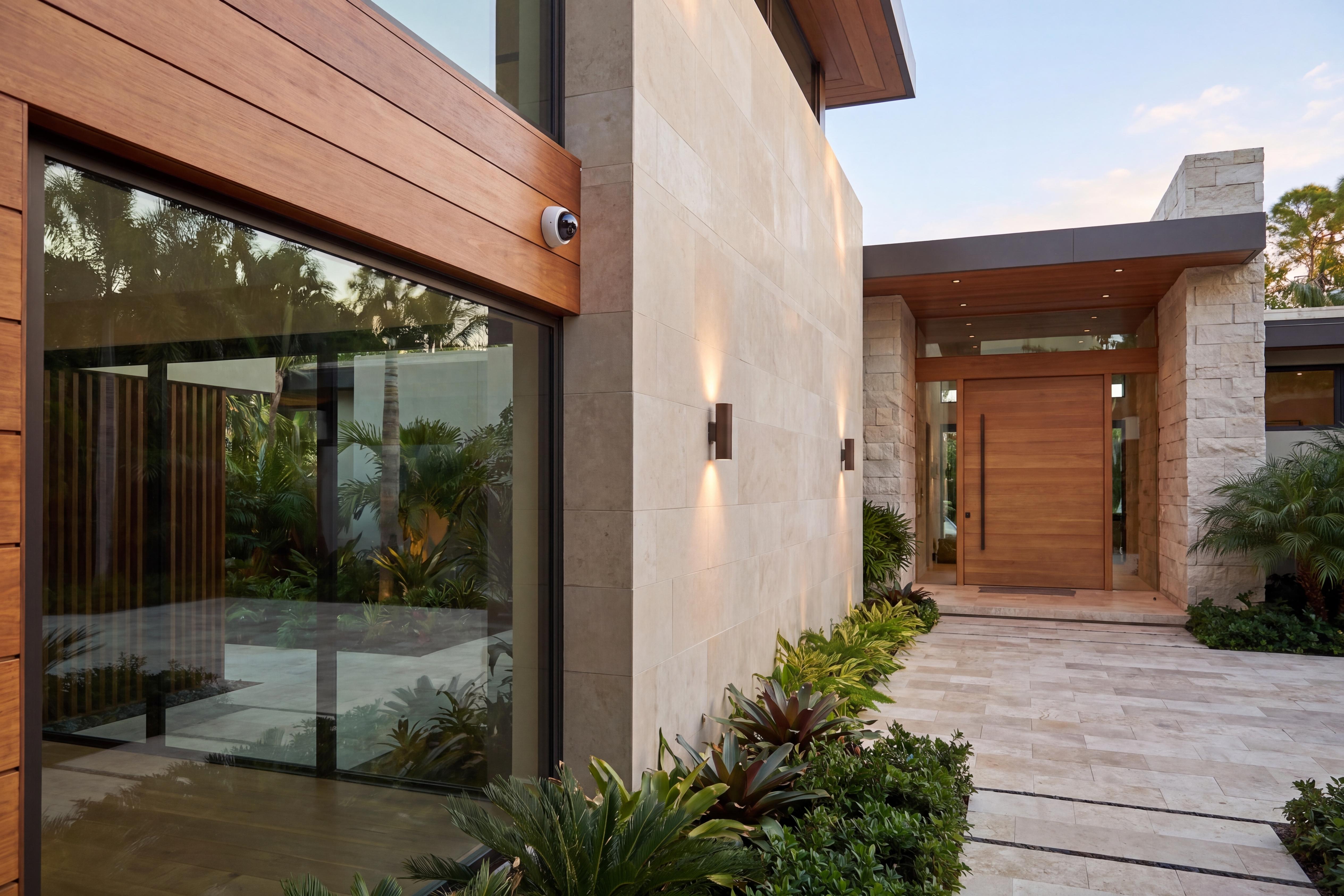 IC Realtime Exterior security camera discreetly mounted near the front entry for secure perimeter monitoring & protection